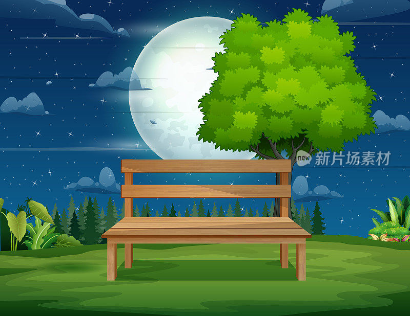 夜景中的木凳和树
