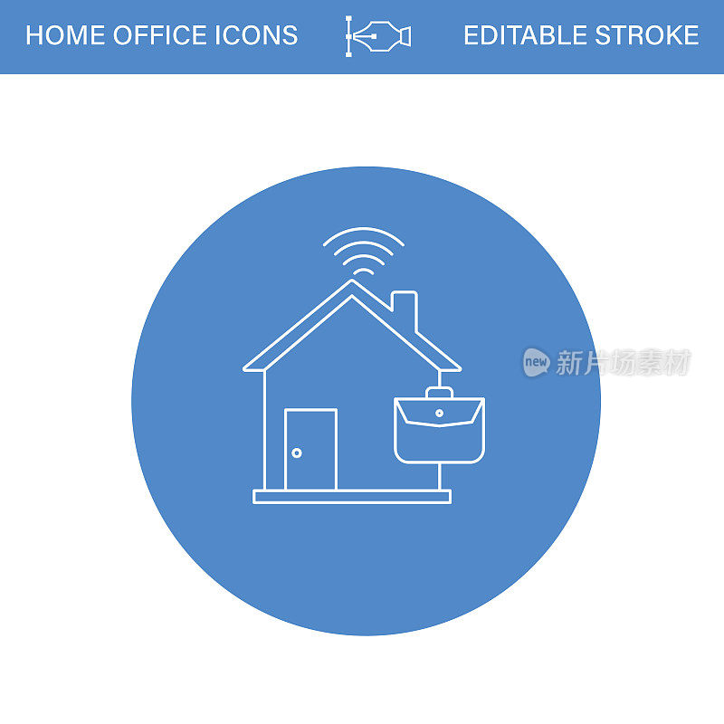 在透明背景的蓝色圆圈上的家庭办公室线路图标