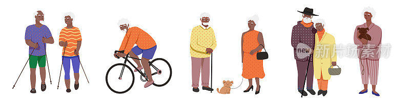 活跃的非裔美国人退休人员。上了年纪的黑人积极地花时间，骑自行车，挪威式散步，和孙辈见面，积极地散步。矢量图
