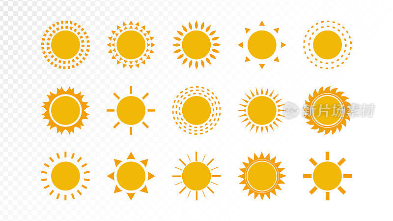 夏季设计的太阳图标集合。矢量插图。