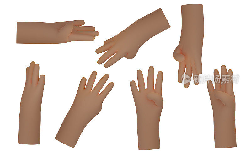 3d手势在白色背景。不同角度的表情符号。显示四个手指。数的概念。孤立停止动画插图