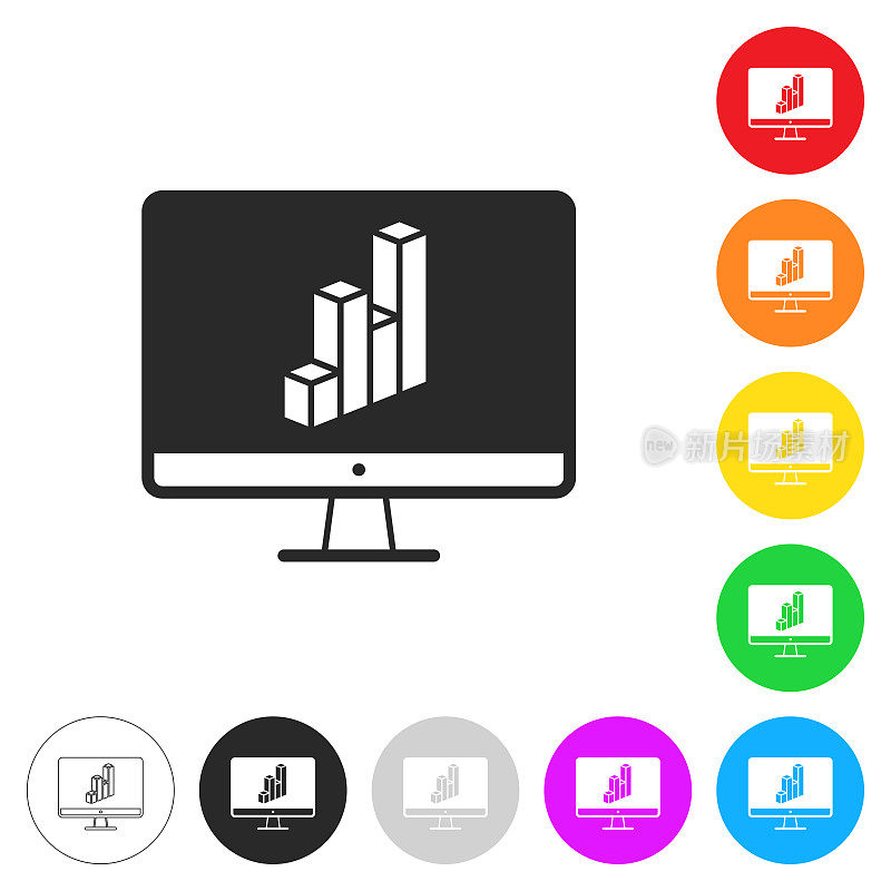 台式电脑与3D图表。彩色按钮上的图标