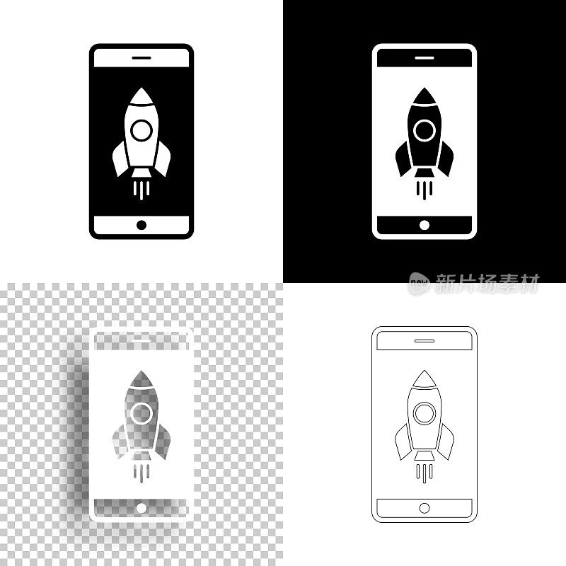 智能手机与火箭。图标设计。空白，白色和黑色背景-线图标