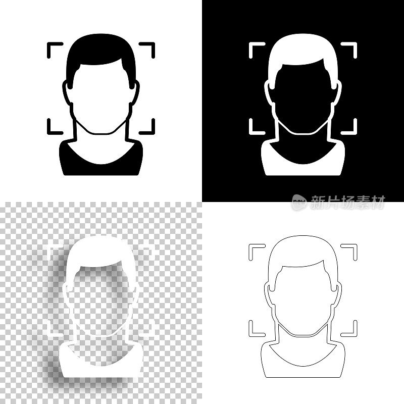 人脸识别。图标设计。空白，白色和黑色背景-线图标