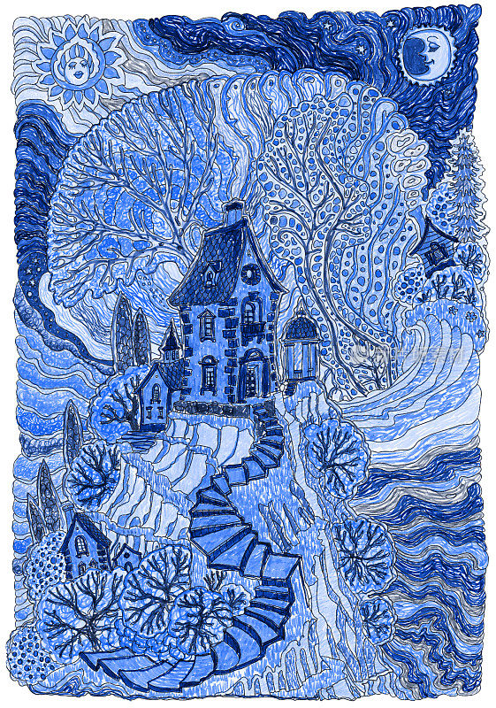 用毡尖笔描绘的梦幻海洋景观。地中海岛上童话般的中世纪城堡。蓝色t恤印花与白色框架