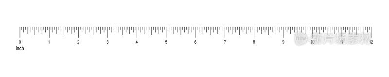 12英寸或1英尺的标尺。英制长度单位。标有标记和数字的水平测量图。数学或缝纫工具
