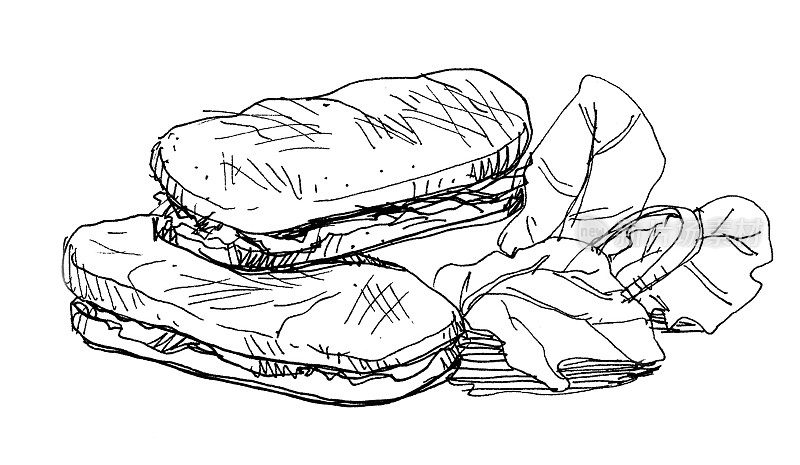 帕尼尼三明治在咖啡馆吃，线条涂鸦画插图