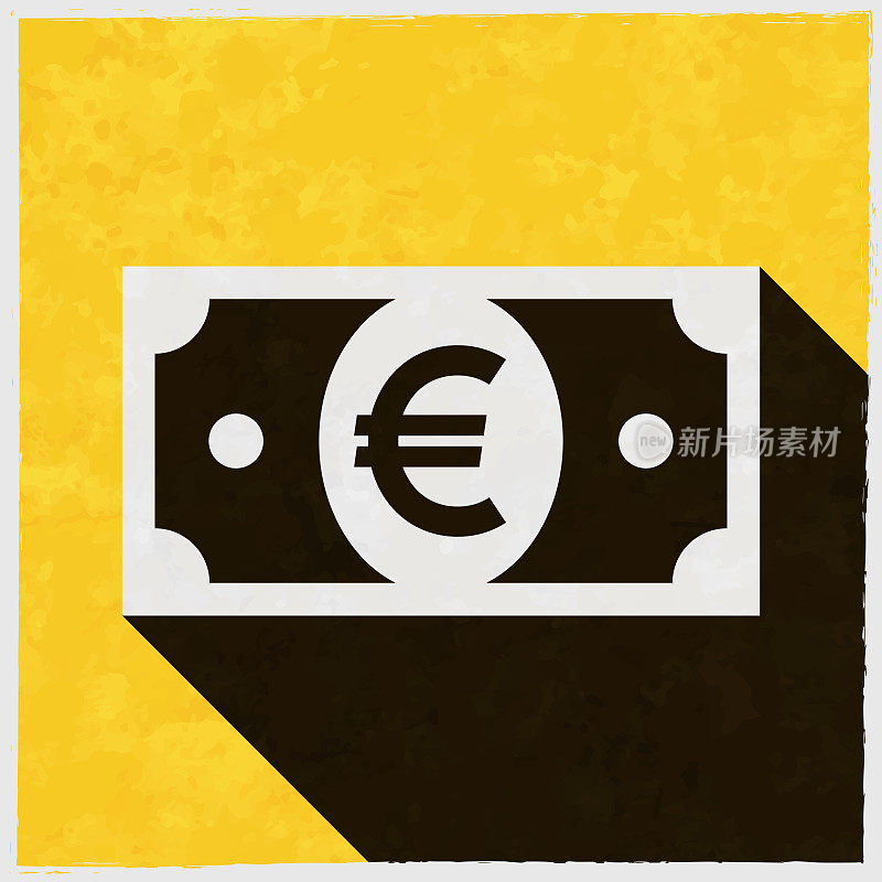 欧元钞票。图标与长阴影的纹理黄色背景