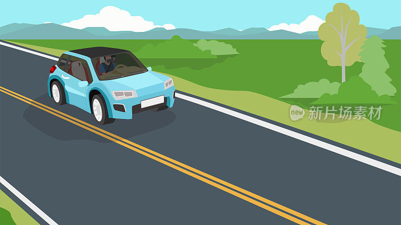 驾驶人在电动汽车蓝色的柏油路上。内陆旅行。