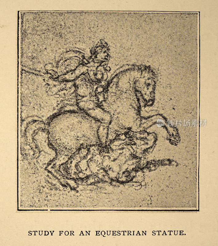 复古插画，达芬奇的素描，骑马雕像的研究，早期文艺复兴艺术