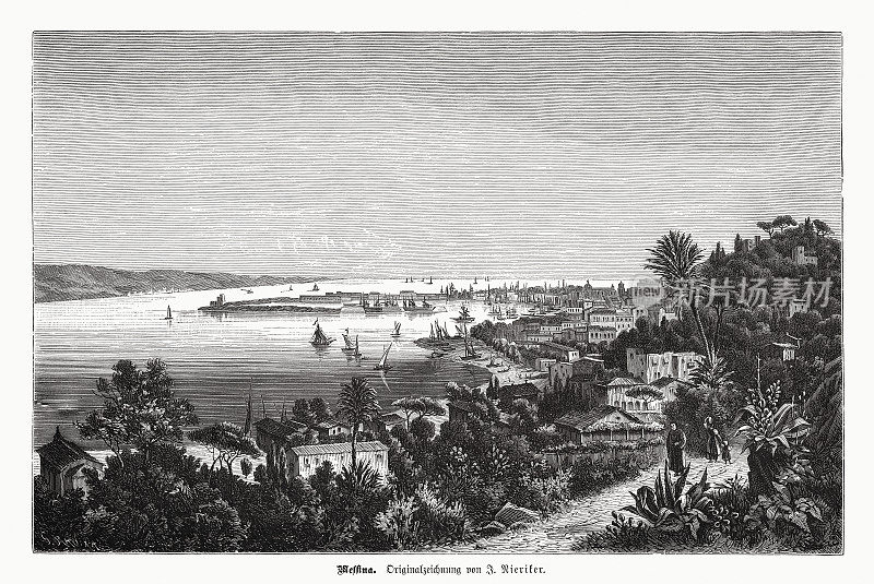 意大利西西里岛墨西拿的历史观，木版画，1885年出版