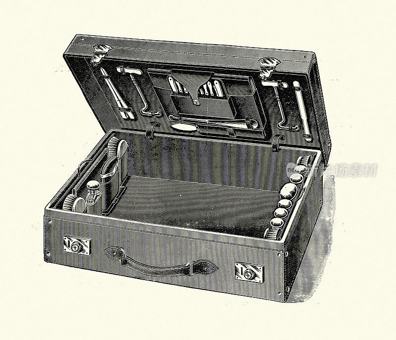 复古插画，合身的西装盒，维多利亚行李箱，19世纪90年代19世纪
