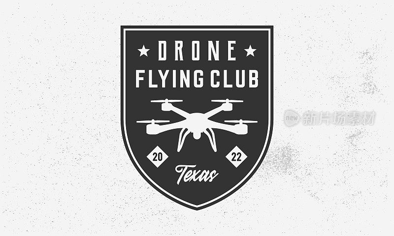无人机飞行俱乐部。无人机俱乐部，徽章。海报。无人机时尚徽章与无人机剪影。矢量标志模板。