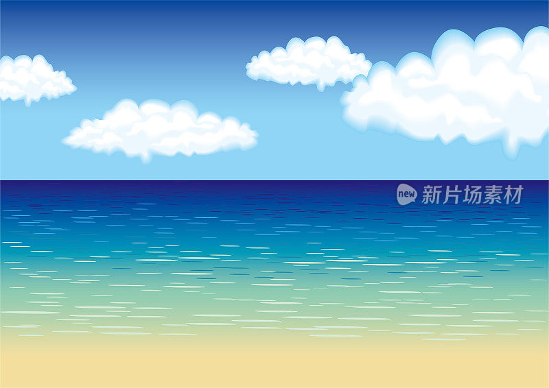 卡通夏日海滩，蓝天和海洋