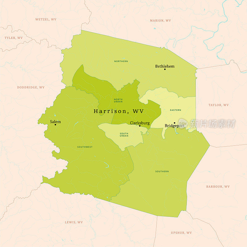 WV哈里森县绿色矢量地图