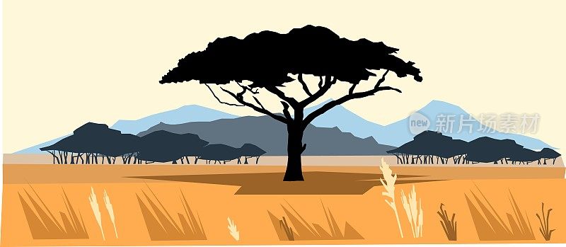 平原和山脉。非洲大草原景观。剪影照片。非洲金合欢树。向量。