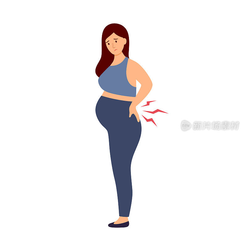 孕妇在平面设计中出现背部疼痛症状。怀孕累了腰痛。