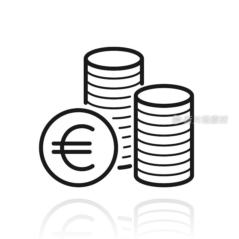 欧元硬币成堆。白色背景上反射的图标