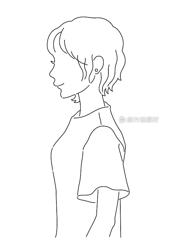 这是一幅黑白插画，描绘的是一个面朝侧面的女人的上半身。