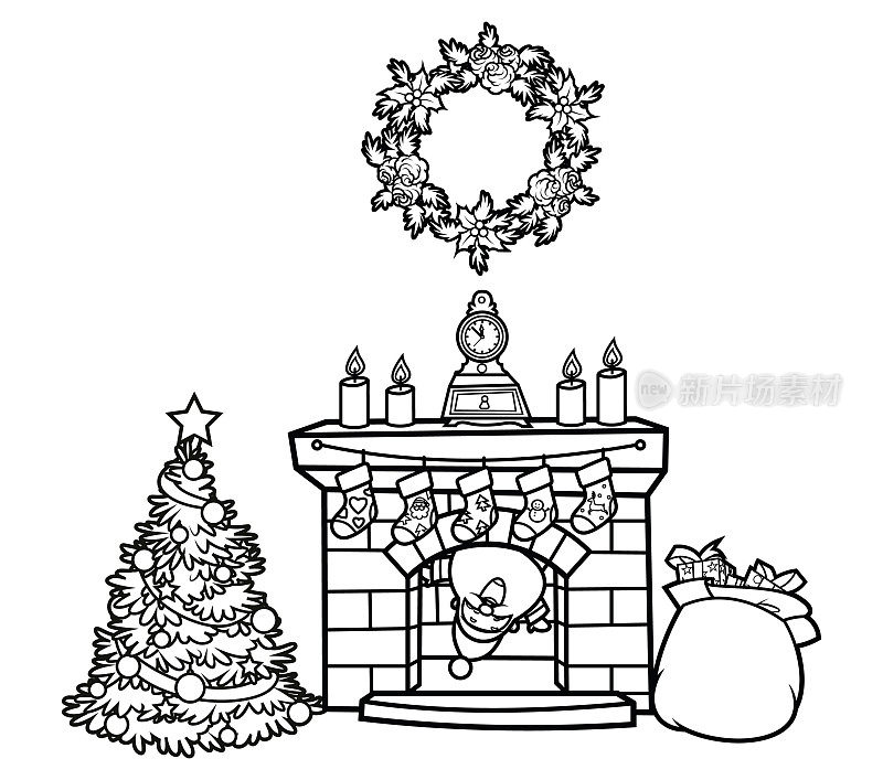 黑白两色，圣诞老人带着圣诞树和礼物。室内装饰有壁炉