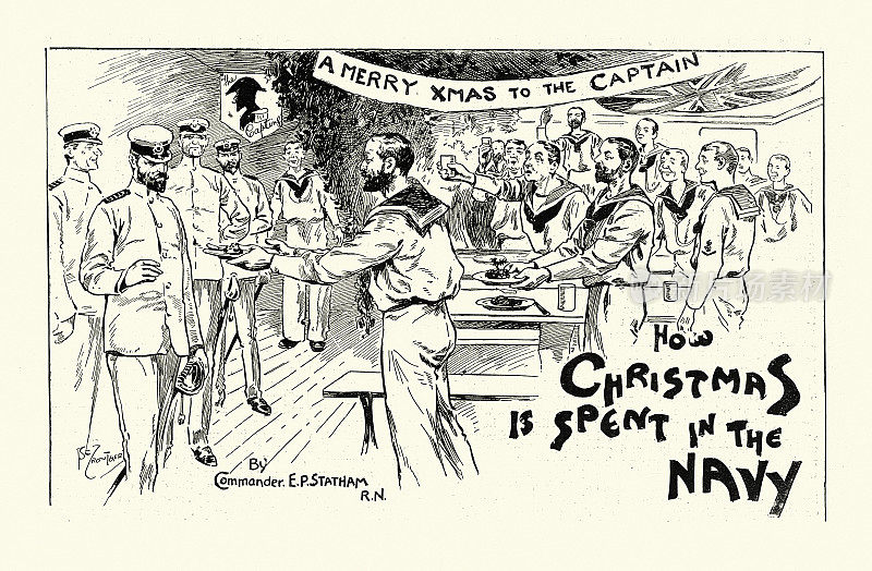 英国皇家海军的水手庆祝圣诞节，为船长的晚餐，维多利亚19世纪，军事历史