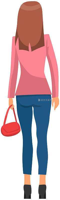 女人拿着小袋子的背影。女士穿着高跟鞋和休闲服装，背对着观众