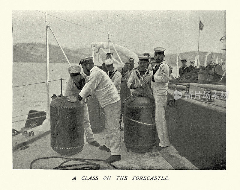 19世纪90年代，维多利亚战争时期，英国皇家海军水手安装72磅电接触水雷