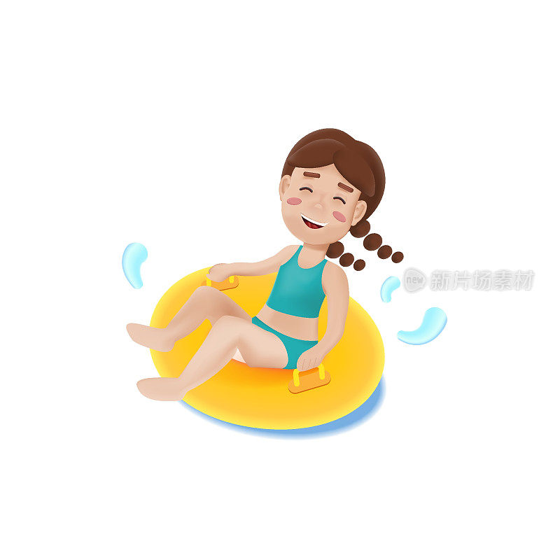 一个女孩在充气环的3d风格。孩子们在水上滑梯上玩得很开心。夏天的时间。