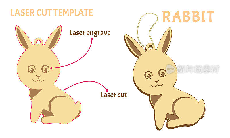 用胶合板做的兔子玩具。模板用于激光切割和雕刻。中国新年生肖。矢量插图在一个简单的风格孤立的白色。兔子轮廓。