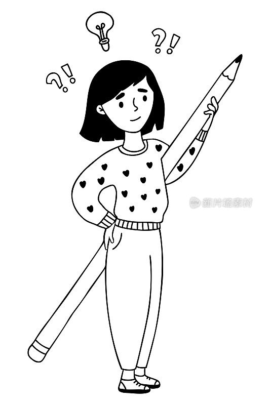 思考的人。梦幻、体贴的女孩拿着大铅笔站着。上面是问号和一个想法。矢量插图。手绘线条涂鸦。