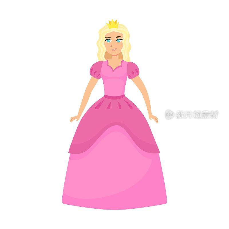 年轻美丽的公主卡通矢量插画。优雅的童话女人穿着彩色的服装和连衣裙