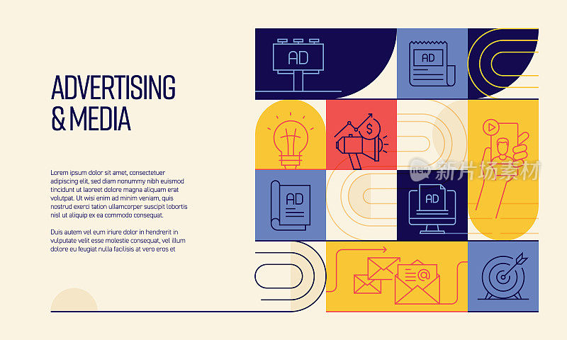 广告和媒体相关设计与线图标。简单轮廓符号图标。