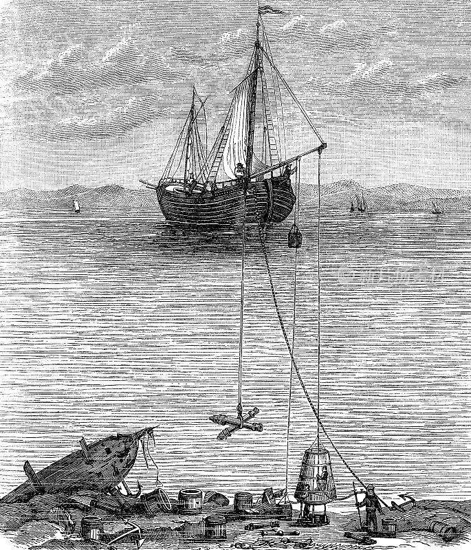 潜水钟是用于安全运送工人到水下现场的压力刚性舱。17世纪末，英国天文学家哈雷在潜水钟上加装了桶，以便补充空气。