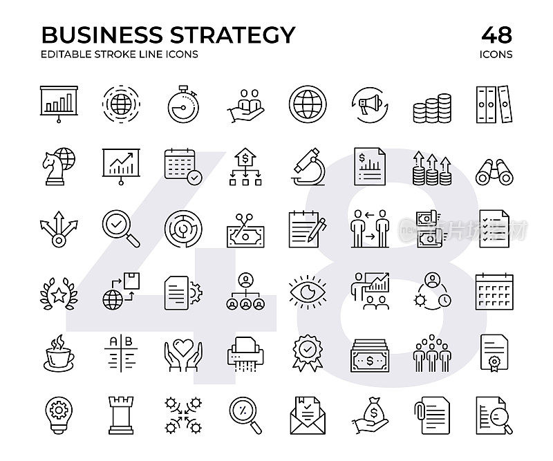 业务策略矢量线图标集。这个图标集包括全球网络、效率、演示、人力资源、营销等