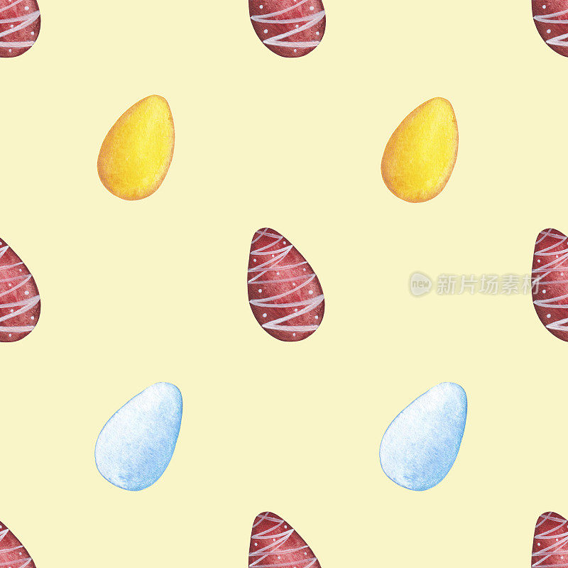 无缝模式与水彩红，黄和蓝鸡蛋