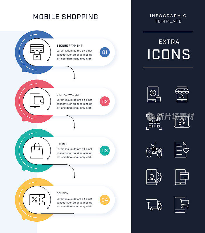 时间轴信息图表模板和移动购物图标集