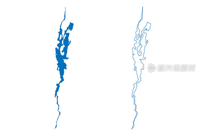 尚普兰湖(加拿大、美国、北美、美国)地图矢量插图，手绘尚普兰湖地图