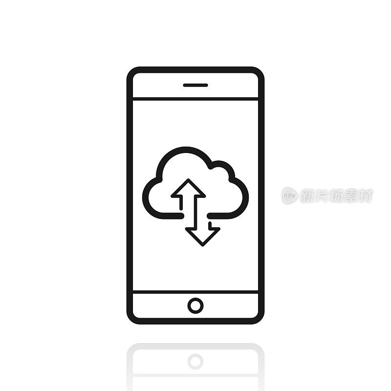 智能手机云下载上传。白色背景上反射的图标