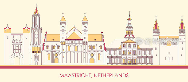 荷兰马斯特里赫特市的卡通天际线全景图