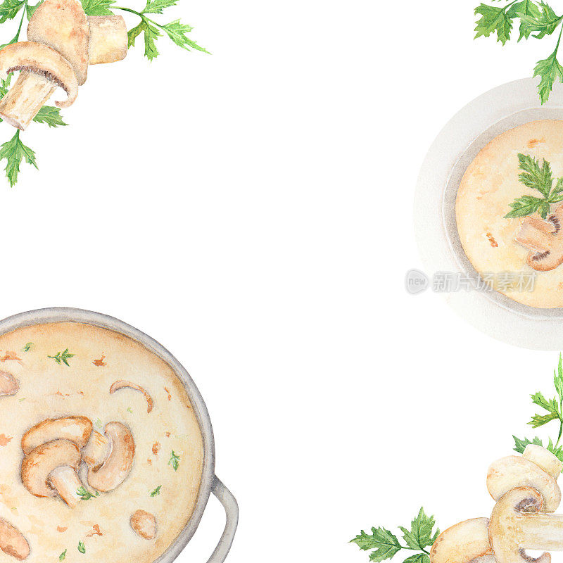 蘑菇汤的水彩画。香槟和欧芹