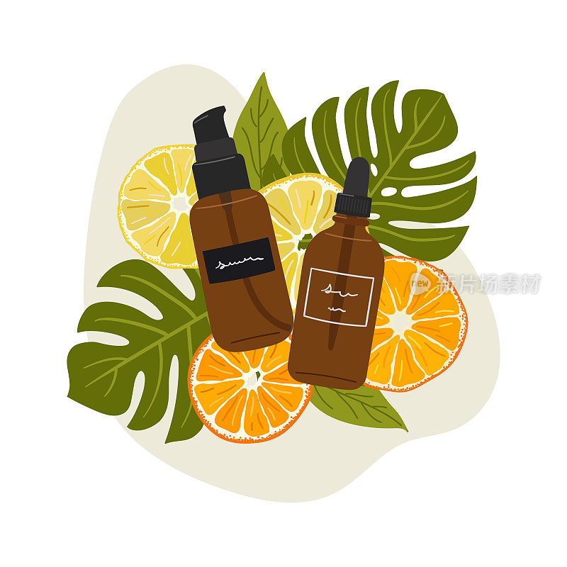 有机化妆品的组成瓶护肤与抽象的形状和绿色植物，橙色，柠檬。爽肤水、精华液、乳霜产品。手绘矢量图