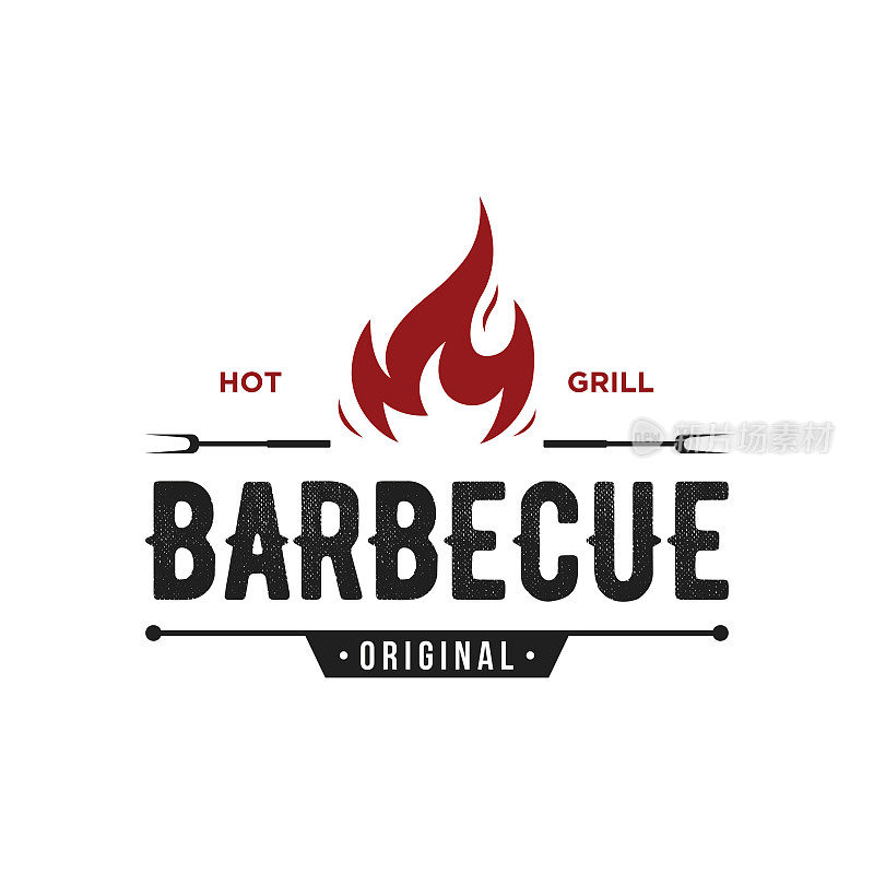 烧烤热烤架复古排版标志设计与交叉火焰和抹刀。标志为餐厅，徽章，咖啡馆和酒吧。