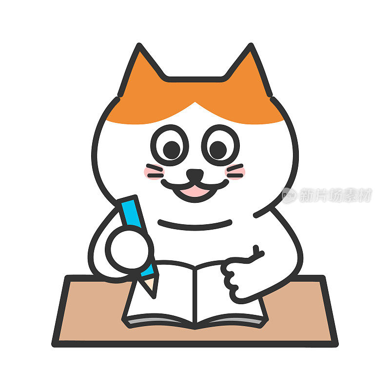 橙色虎斑卡通猫愉快地记笔记，矢量插图。
