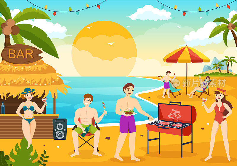 烧烤和烧烤设置矢量插图人在节日和夏季烹饪卡通手绘模板公园烧烤或烧烤派对食品