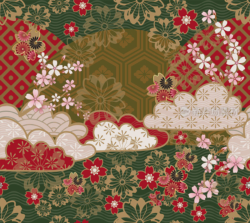 日本春日云和樱花盛开。传统的金、红、绿三色图案设计。