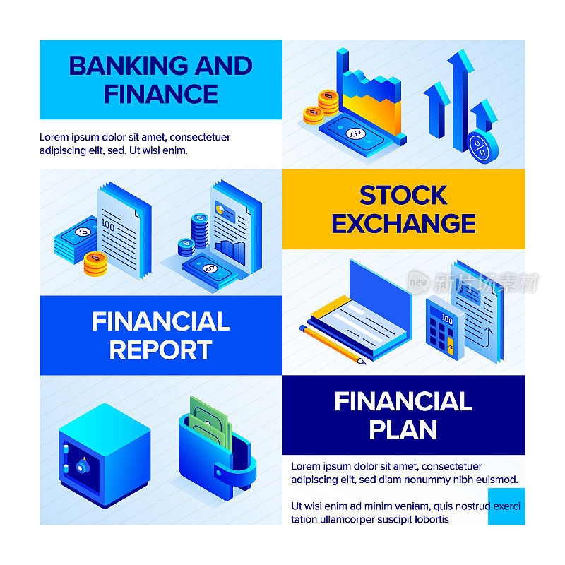 矢量插图银行和金融等距图标和三维横幅设计。