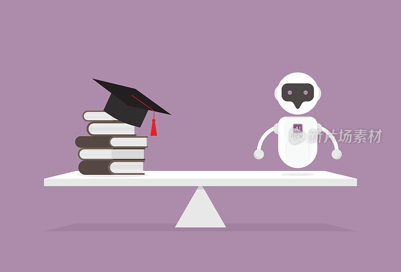 毕业帽、书本和人工智能机器人放在一个杠杆上，用来比较大学和人工智能技术