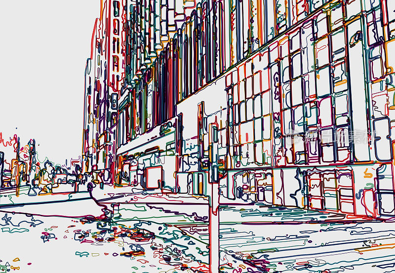 抽象线条艺术轮廓风格城市现代购物建筑场景艺术插画背景