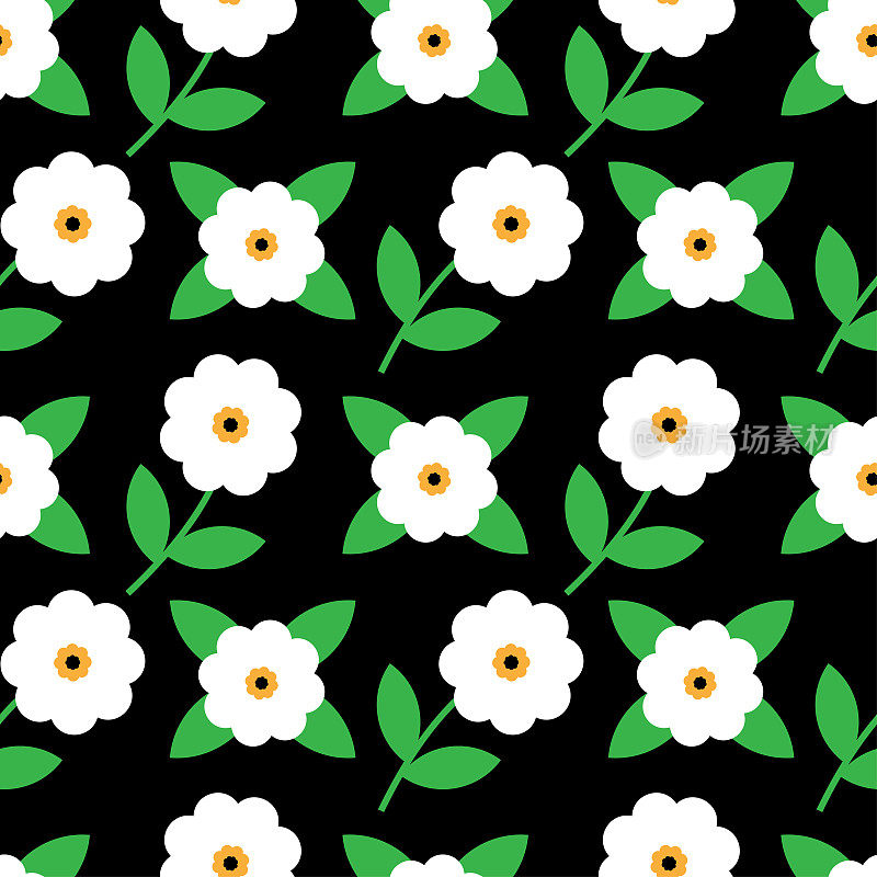 白色的花朵在黑色的背景无缝图案