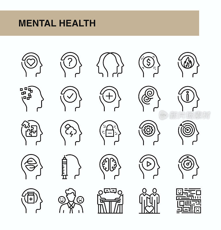 心理健康线图标集插图心理健康，情绪压力，心理健康专家，心理治疗